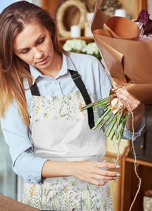 Britimes Floral Yellow Flowers Green Apron Home Kitchen Cooking Baking Gardening for Women Men with Pockets 32x28 inch