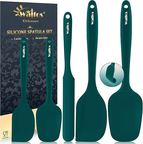 Walfos Silicone Spatula Set of 5 - (600°F) High Heat Resistant Dark Green Kitchen Scraper Spatulas, One-Pieces Seamless Design, Perfect for Cooking Mixing & Baking - BPA Free and Dishwasher Safe
