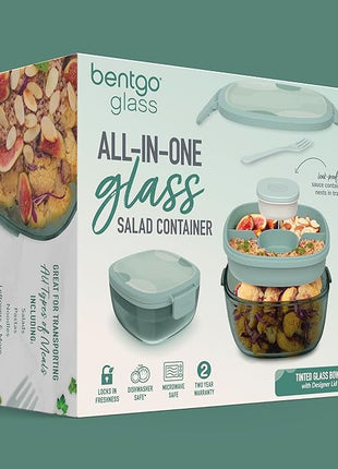 Bentgo Glass Prints All-in-One Salad Container - 61oz Tinted Glass Salad Bowl with Lid, Bento-Style Tray, Sauce Container, & Reusable Fork - Dishwasher & Microwave Safe (Mod Curve - Serene Green)