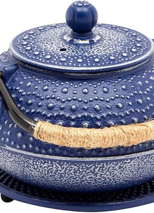 Juvale Cast Iron Teapot with Infuser - Blue, 27 oz (800 mL) - Stovetop Tea Kettle for Loose Leaf Tea - Includes Stainless Steel Infuser & Trivet
