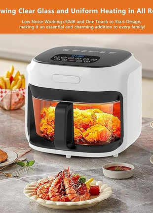 Glass Air Fryer, 7.6QT with Transparent Fry Bowl, Circulating Heating, Temperature Control, Air Fryer Roast, Dishwasher Safe (White)