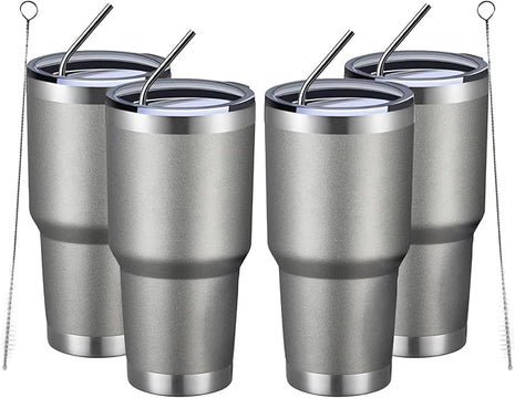 MEWAY 30oz Insulated Tumbler With Lids and Straws,Stainless Steel Double Vacuum Coffee Tumbler Cup, Brush, Durable Powder Coated Coffee Cup for Cold & Hot Drinks, Office, Travel(Cold Grey,4 PACK)