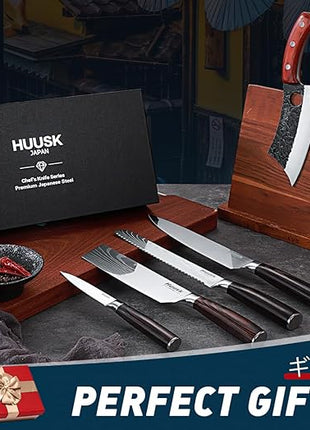 Huusk Japanese Kitchen Knife Set 6pcs with Gift Box, Butcher Knife Set for Meat Cutting, Cooking Knives with Meat Cleaver, Chef Knives Professional, Cool Mens Christmas Gift