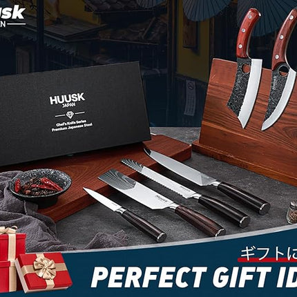 Huusk Japanese Kitchen Knife Set 6pcs with Gift Box, Butcher Knife Set for Meat Cutting, Cooking Knives with Meat Cleaver, Chef Knives Professional, Cool Mens Christmas Gift