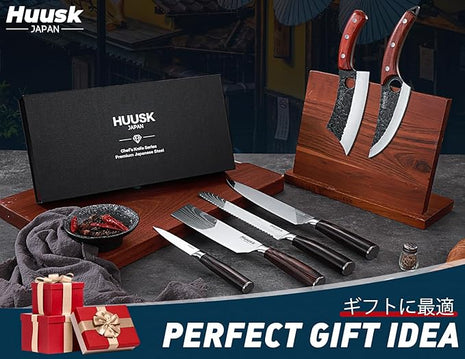 Huusk Japanese Kitchen Knife Set 6pcs with Gift Box, Butcher Knife Set for Meat Cutting, Cooking Knives with Meat Cleaver, Chef Knives Professional, Cool Mens Christmas Gift