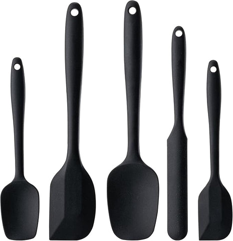 Silicone Spatula Set, 5 Piece Food Grade Rubber Spatulas for Baking, Cooking, and Mixing High Heat Resistant Non Stick Dishwasher Safe BPA-Free (Black)