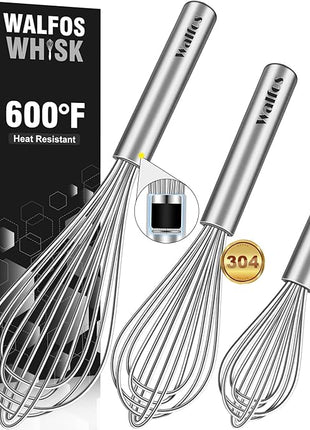 Walfos Whisk,304 Stainless Steel whisk,No-Rust 7+9+11inch Whisks for cooking Nice for Blending,Whisking,Beating.Heat resistant 600°F Dishwasher Safe. Heavy duty kitchen whisk.17.7+22.8+27.9cm -SILVER