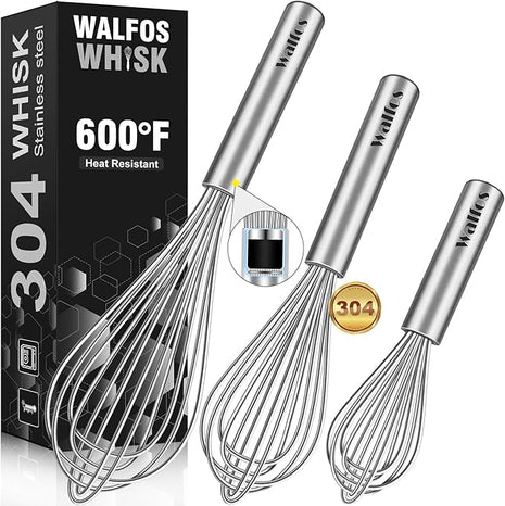 Walfos Whisk,304 Stainless Steel whisk,No-Rust 7+9+11inch Whisks for cooking Nice for Blending,Whisking,Beating.Heat resistant 600°F Dishwasher Safe. Heavy duty kitchen whisk.17.7+22.8+27.9cm -SILVER