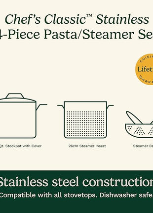 Cuisinart 4-Piece Cookware Set, 12 Quarts, Chef's Classic Stainless Steel Pasta/Steamer, 77-412P1