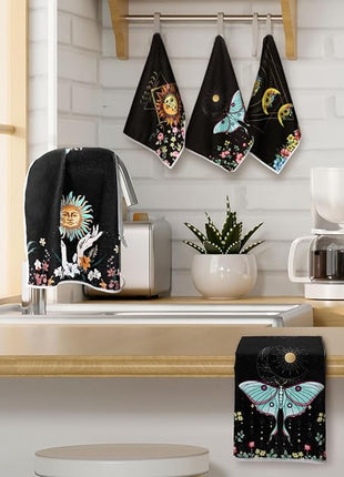 Boyiee Set of 6 Witchy Kitchen Towels Boho Tea Towels Absorbent Mushroom Floral Dish Towels 24 x 16'' Gothic Dish Towels Sun Moon Star Butterfly Hand Towels Gifts for Farmhouse Kitchen Bathroom