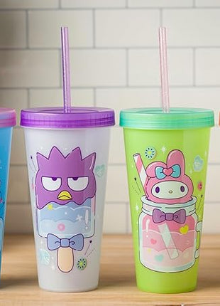 Silver Buffalo Sanrio Hello Kitty and Friends 4 Pack Color Changing Plastic Tumblers Featuring Hello Kitty, My Melody, Badtz Maru, and Cinnamoroll, 24 Ounce