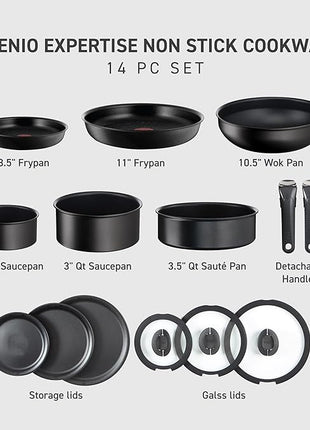 T-fal Ingenio Expertise Non Stick Cookware Set 14 Piece, Induction Oven Broiler Safe 500F, Detachable/Removable Handle, Kitchen, Pots and Pans, RV, Camping, Fry Pans, Saucepans, Dishwasher Safe Black