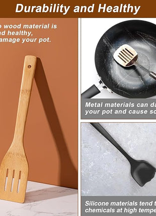 Wooden Spoons for Cooking 7-Piece, Kitchen Nonstick Bamboo Cooking Utensils Set, Durability Wooden Spatula Spoon for Everyday Use, Smooth Edge