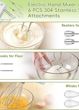 5-Speed Electric Hand Mixer, 4 Large Mixing Bowls Set, Handheld Mixers with Whisks Beater, Stainless Steel Metal Nesting Bowl Measuring Cups Spoons Kitchen Cake Blender for Baking Supplies