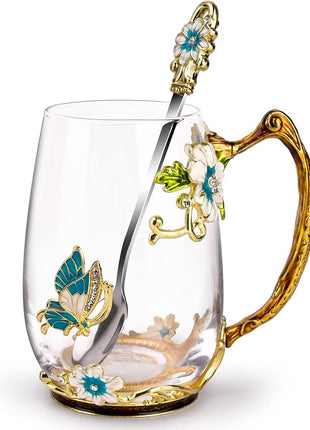 OEAGO Birthday Gifts for Women Mom Glass Coffee Enamels Mug Best Mothers Day Butterfly Gifts for Her from Daughter Son Lead-Free Christmas Tea Cup with Spoon Sets