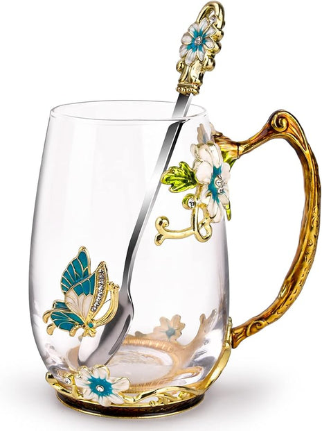 OEAGO Birthday Gifts for Women Mom Glass Coffee Enamels Mug Best Mothers Day Butterfly Gifts for Her from Daughter Son Lead-Free Christmas Tea Cup with Spoon Sets