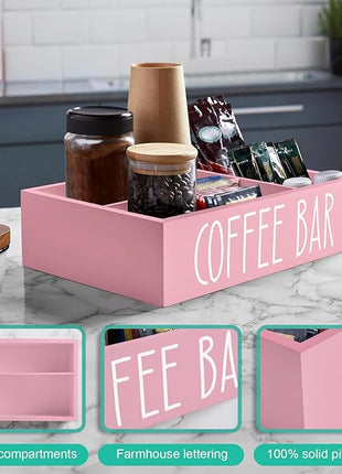 ALELION ALEION Coffee Station Organizer - Wood Countertop Accessories Organizer with Removable Dividers for Pods Condiment Syrup Tea Cups Stirrers - Pink Decor for Kitchen Coffee Bar