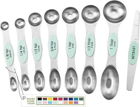 Spring Chef Stainless Steel Magnetic Measuring Spoons Set of 8 with Leveler, Nesting Metal Teaspoon & Tablespoon Measuring Spoons, Kitchen Gadgets for Baking & Cooking, Fits in Spice Jars - Mint