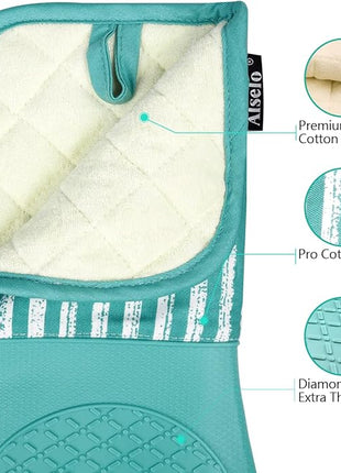 Silicone Oven Mitts Heat Resistant 932℉ with Waterproof & Non-Slip Kitchen Mittens, Set of 2 Extra Long Oven Gloves with Soft Cotton Terry Lining for Baking Cooking Barbecue