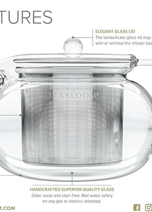 Teabloom Kyoto 2-in-1 Tea Kettle/Tea Maker – Heatproof Glass Teapot with Removable Loose Tea Filter – Tea Connoisseur's Choice