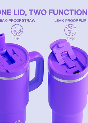 32 oz Tumbler with Handle and Straw: Stainless Steel Insulated Tumbler Keeps Cold for 24 Hours, Leakproof Travel Cup Fits in Cup Holder and BPA-Free,Violet