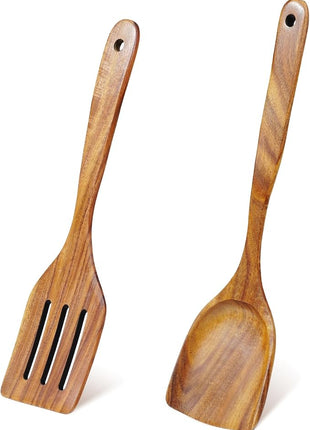 FJNATINH 2 Pcs Wooden Spatula Set for Cooking, Natural Teak Spatula and Slotted Turner for Non-stick Cookware, Kitchen Cooking Utensils for Frying Flipping Pancake Spatula