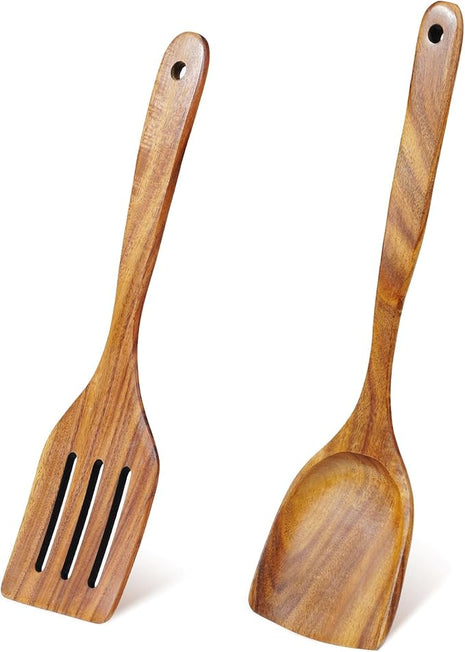 FJNATINH 2 Pcs Wooden Spatula Set for Cooking, Natural Teak Spatula and Slotted Turner for Non-stick Cookware, Kitchen Cooking Utensils for Frying Flipping Pancake Spatula