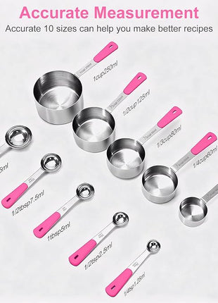 Measuring Cups and Spoons Set Stainless Steel 10 Piece for Cooking and Baking (5 Cups + 5 Spoons, Pink Handle)