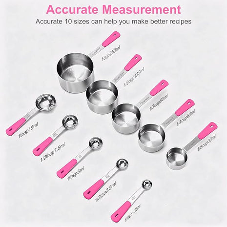 Measuring Cups and Spoons Set Stainless Steel 10 Piece for Cooking and Baking (5 Cups + 5 Spoons, Pink Handle)