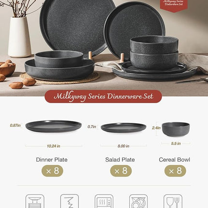 Famiware Milkyway Plates and Bowls Sets, 24 Pieces Dinnerware Sets, Reactive Glaze Dish Set, Stoneware Dishes Set for 8, Matte Dark Charcoal