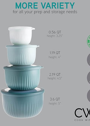 COOK WITH COLOR 4pc Plastic Mixing Bowl Set with Lids (Teal Ombre, 210 ml, 550 ml, 1150 ml, 3500 ml) - Sturdy, Nesting, BPA Free, Dishwasher Safe, Food Safe, Bowls for Cooking and Baking