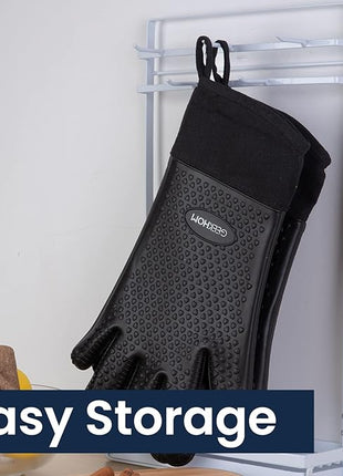 GEEKHOM BBQ Gloves X-Large, Heat Resistant Kitchen Silicone Oven Mitts, Waterproof Oven Gloves, BBQ Grill Accessories for Baking, Fryer, Smoker, Weber, Pizza, Microwave, Non-Slip, Black