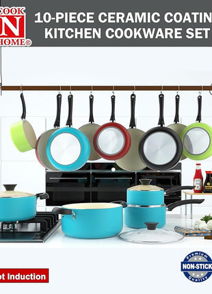 Cook N Home 10-Piece Ceramic Nonstick Cookware Set - Pots, Pans, Dutch Oven, Saucepans, Frying Pans and Lids - Turquoise