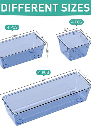 WOWBOX 9 Pack Clear Drawer Organizer Set, Acrylic Drawer Storage Trays, Storage Bins for Makeup, Cosmetics, Jewelries, Utensils, Gadgets, Office, Dark Blue