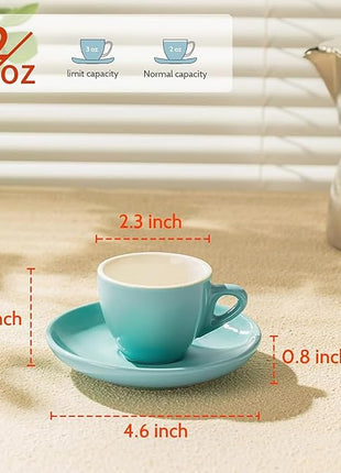 Sweese 2 Ounce Espresso Cups with Saucers, Porcelain Espresso Cups Set of 6 - Hot Assorted Colors