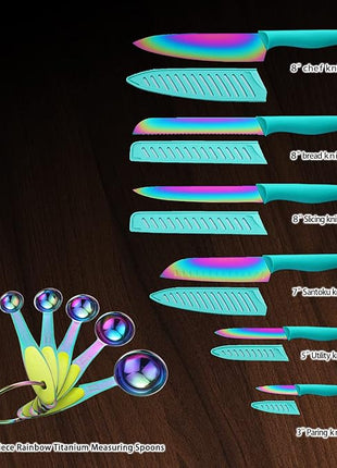 Knife Set with Spoons, KYA37B Knife Sets with Blade Guards and Measuring Spoons, Marco Almond® Rainbow Color 17-Piece Stainless Steel Kitchen Knives Set with Covers