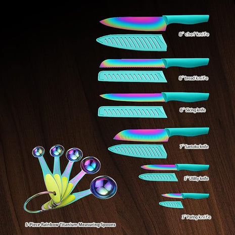 Knife Set with Spoons, KYA37B Knife Sets with Blade Guards and Measuring Spoons, Marco Almond® Rainbow Color 17-Piece Stainless Steel Kitchen Knives Set with Covers