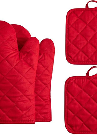 Oven Mitts and Pot Holders 4 pcs Set,High Heat Resistant 500 Degree Extra Thicken Long Kitchen Cotton Oven Glove for Cooking (12 Inch,Red)