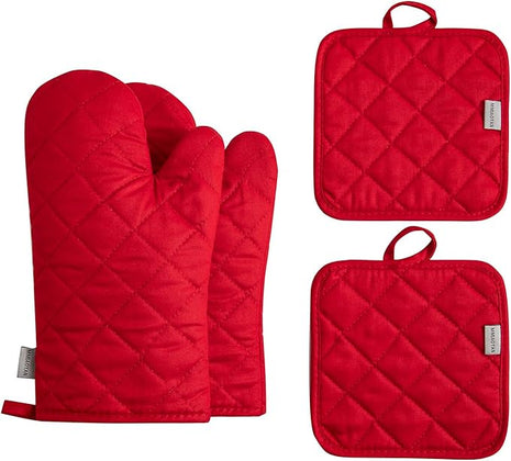 Oven Mitts and Pot Holders 4 pcs Set,High Heat Resistant 500 Degree Extra Thicken Long Kitchen Cotton Oven Glove for Cooking (12 Inch,Red)