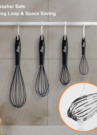 HOTEC 4 Pieces Silicone Whisks Set, Wire Balloon Whisks Egg Beater, Non-slip Handle Whisk for Non-stick Cookware Perfect for Cooking, Stirring, Beating and Blending (Black)