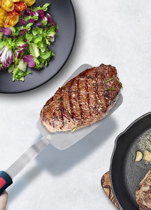 Stainless Steel Flexible Spatula Slotted Turner, XiaoZu Thin Metal Spatula for Cast Iron Skillet, Thin Blade and Heat Resistant Silicone Handle, Great for Egg, Cookie, Meat, Crep, Medium + Large