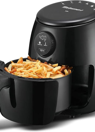 Elite Gourmet EAF2612D Personal 2.1Qt Compact Space Saving Programmable Hot Air Fryer, Oil-Less Healthy Cooker, Timer & Temperature Controls, 1000W, Black