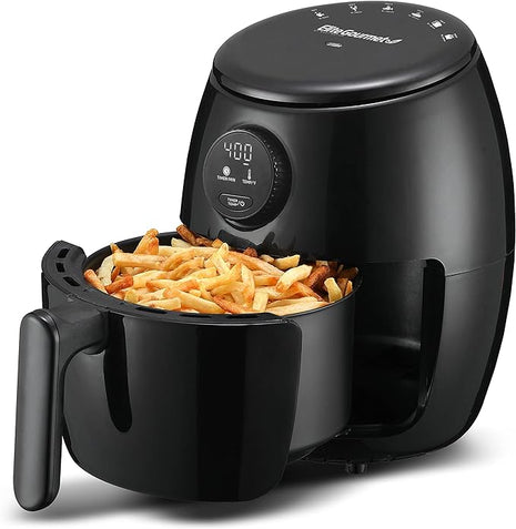 Elite Gourmet EAF2612D Personal 2.1Qt Compact Space Saving Programmable Hot Air Fryer, Oil-Less Healthy Cooker, Timer & Temperature Controls, 1000W, Black