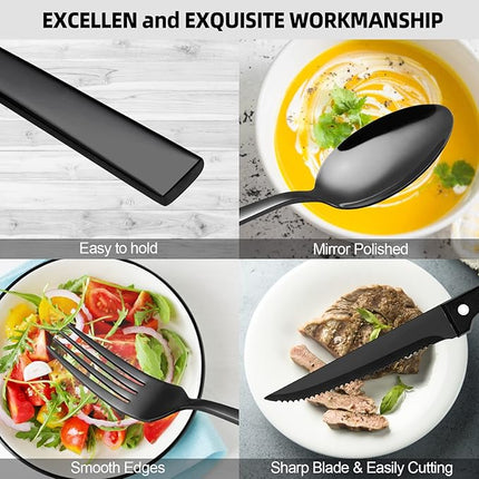 CEKEE 24 Piece Silverware Set for 4 With Steak Knives, Stainless Steel Black Flatware, Utensils, Tableware Cutlery for Home & Kitchen, Hand Wash Recommended