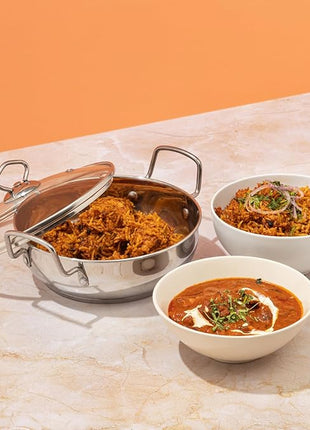 Vinod Stainless Steel Kadai with Glass Lid Extra Thick SAS Heavy Base Kadai for Cooking Induction and Gas Compatible 125 oz 10.14 in 2-Year Silver