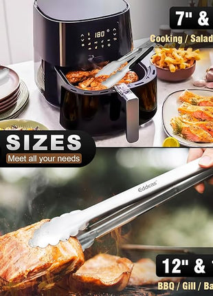 Grill Tongs - BBQ Tongs Heat Resistant 600 Degrees, Heavy Duty Metal, Perfect for Cooking, Grilling, Set of 4, 7",9",12" & 14 inch Black