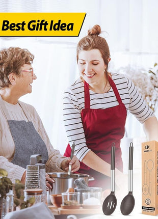 Pack of 2 Large Silicone Cooking Spoons,Non Stick Solid Basting Spoon,Heat-Resistant Kitchen Utensils for Mixing,Serving,Draining,Stirring (CHOCOLATE)