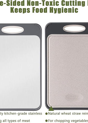 GUANCI Cutting Board for Kitchen 2-in-1, Stainless Steel & Wheat Straw PP Double-Sided Chopping Board,non toxic Chopping, Easy to Clean, Ideal for Meat, Vegetables and Fruits