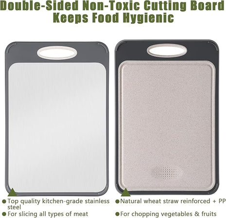 GUANCI Cutting Board for Kitchen 2-in-1, Stainless Steel & Wheat Straw PP Double-Sided Chopping Board,non toxic Chopping, Easy to Clean, Ideal for Meat, Vegetables and Fruits