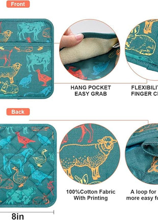 Pot Holders Set of 2 Heat Resistant 480℉ Kitchen 100% Cotton Comfortable Lining Printing Farm Cattle Flower Women Men Home Cooking Baking Microwave BBQ Gift (Farm Cattle potholds)